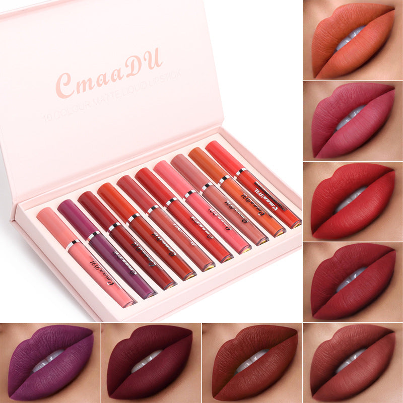 Matte liquid lipstick set in assorted shades, shown in open pink gift box with swatches