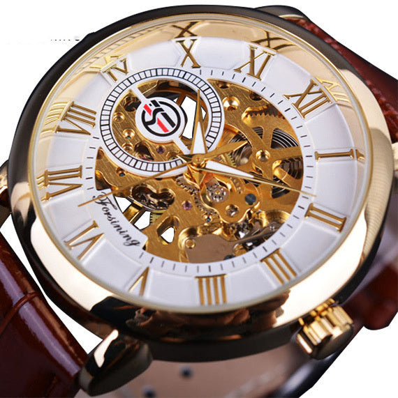 Luxury watch with a white face, gold hands, and red leather strap.