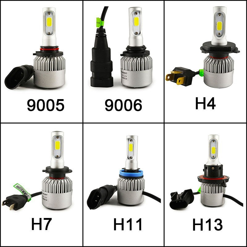 Collection of different types of car headlight bulbs with labels on a white background