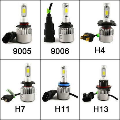 Collection of different types of car headlight bulbs with labels on a white background