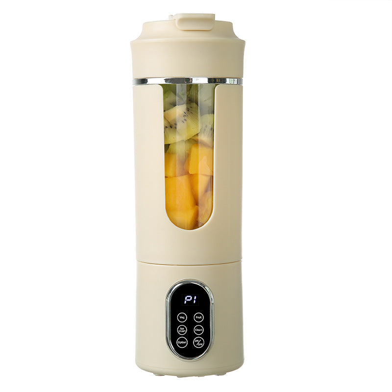 Portable rechargeable juice blender, beige body with clear jar and control panel (P1).