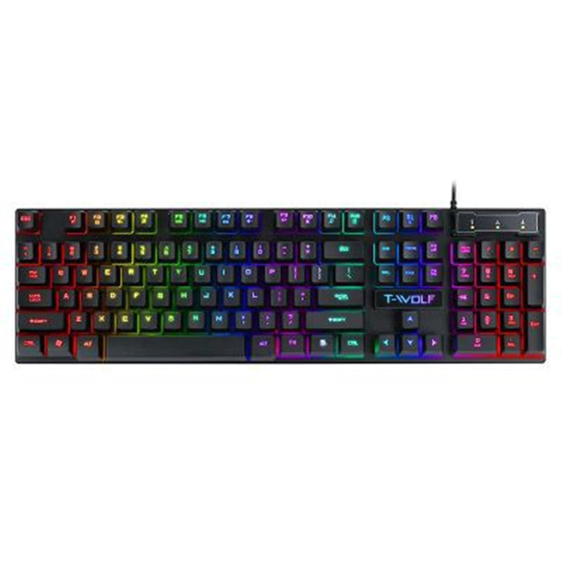 RGB gaming keyboard top view with multicolor backlit keycaps and side indicator