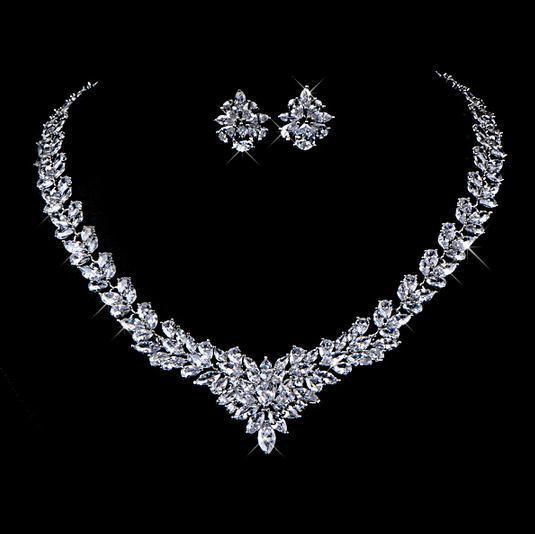 Rhinestone flower necklace and stud earring set with clear stones
