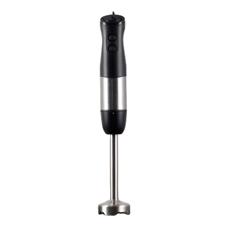 Handheld immersion blender with black grip handle and stainless steel shaft.