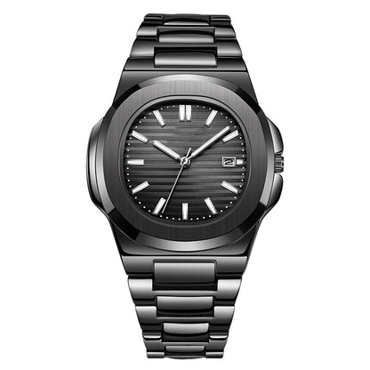 Black wristwatch with a metallic band on a white background