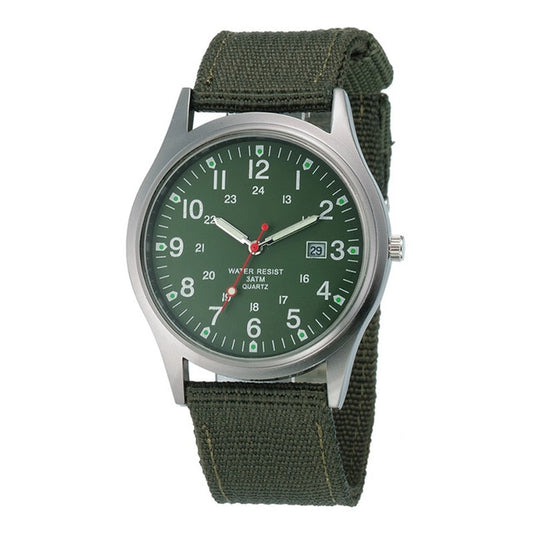 Men's quartz wristwatch with olive green canvas strap and dark green dial