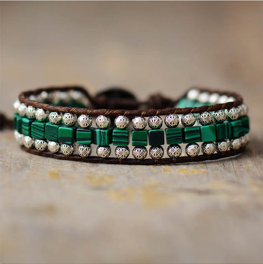 Green malachite beaded bracelet with brown leather and silver-tone bead rows