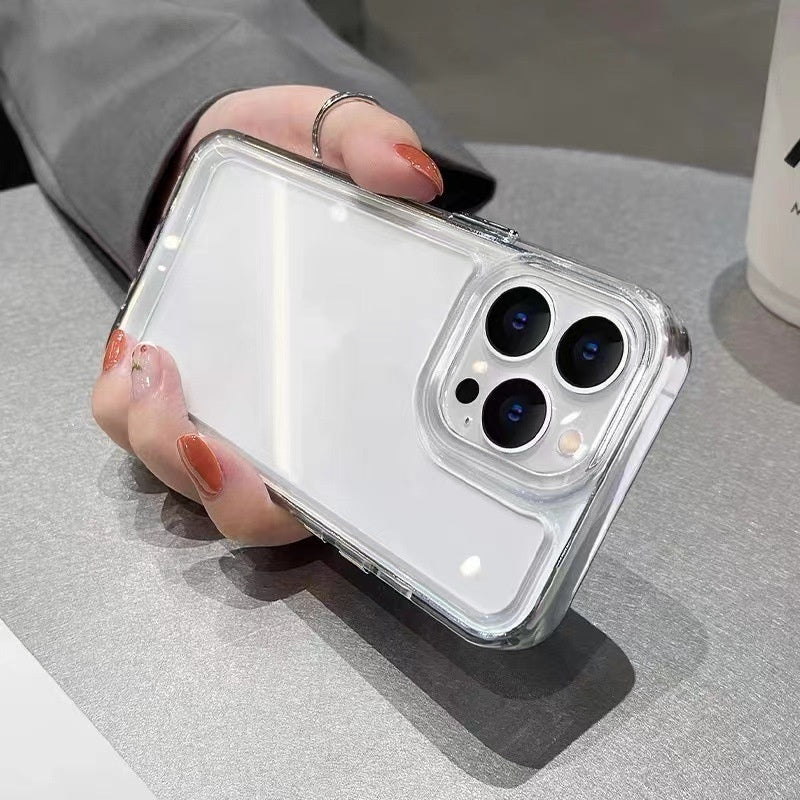 Transparent acrylic phone case resting on a surface, camera cutouts and protective corners