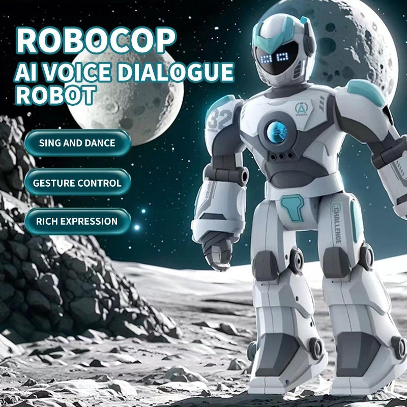 Intelligent voice dialogue robot toy, white and gray with teal glowing face and lights, standing