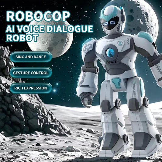 Robotic figure on a moon-like surface with text about AI voice dialogue robot features.