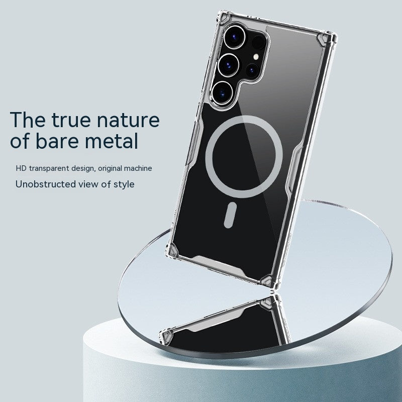 Clear TPU phone case with magnetic ring, metal-like transparent bumper