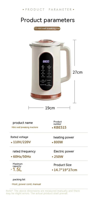 1.5L mini soy milk and juice maker blender with handle and digital control panel