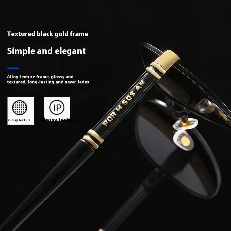 Men’s photochromic sunglasses with black frame and gold temple accents