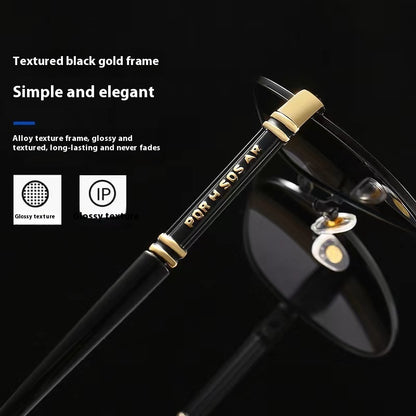 Men’s photochromic sunglasses with black frame and gold temple accents
