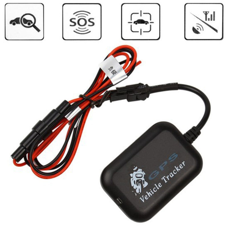 Black vehicle tracker module with red-and-black wiring harness and device icons