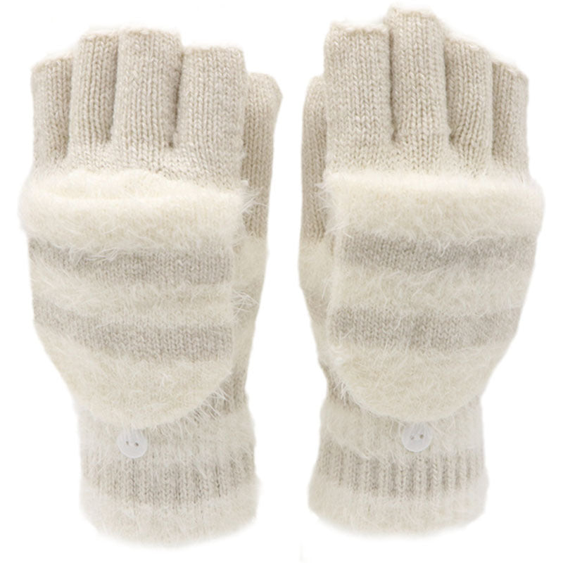 Pair of beige and white striped fingerless gloves on a white background