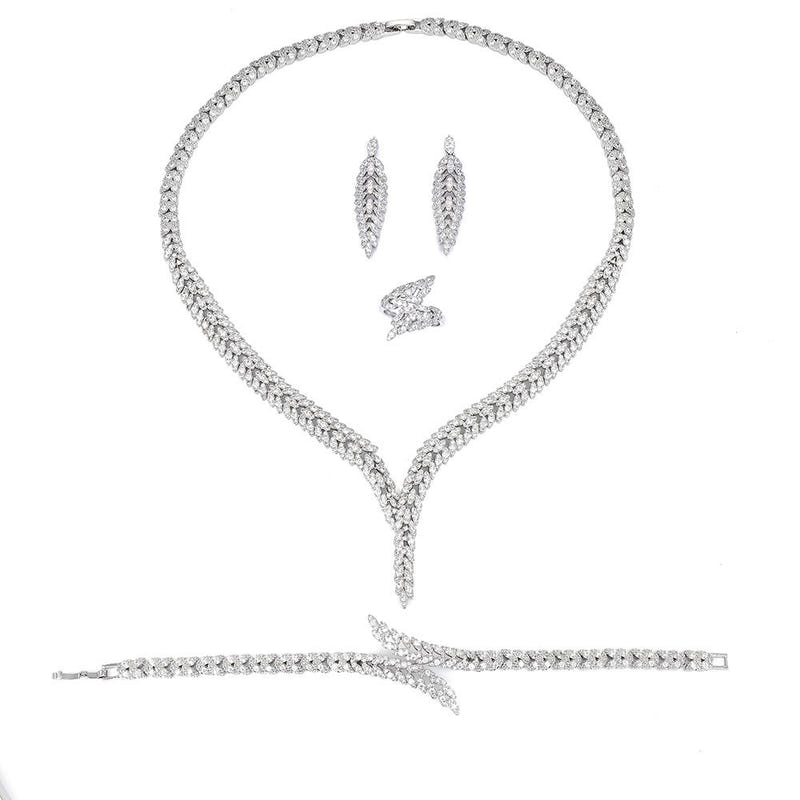 Zircon heart bow necklace with drop earrings and bracelet set on white background