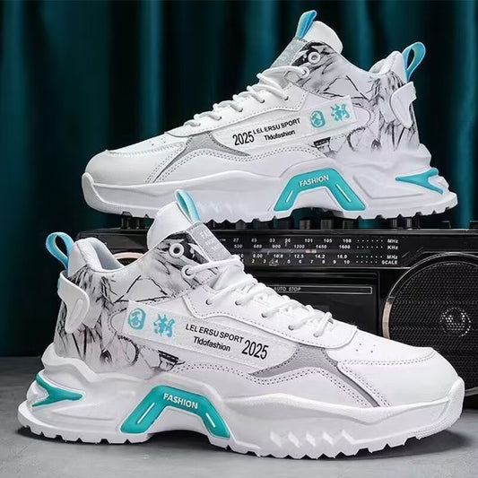 Men's casual dad shoes in white with teal and blue accents, lace-up high-top style