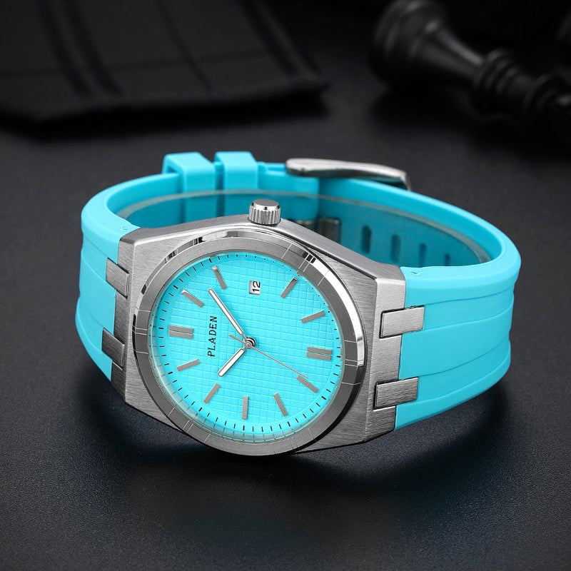 Men's quartz watch with turquoise silicone strap, teal dial, silver case