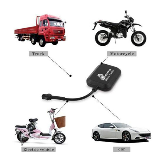GPS tracker with illustrations of a truck, motorcycle, electric vehicle, and car.