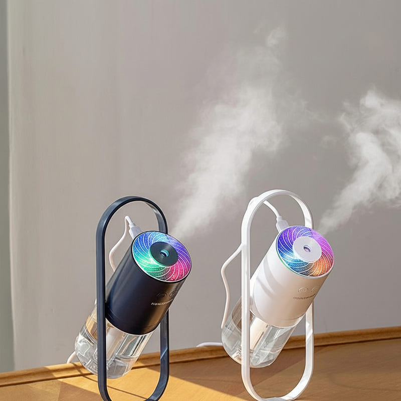 USB ultrasonic air humidifier with rainbow LED night light, producing mist