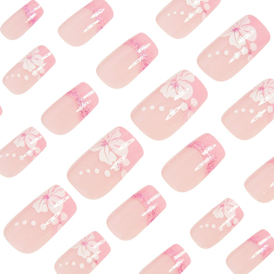 French Floral Pink Jelly Press-On Nails | Cute Nail Art Set