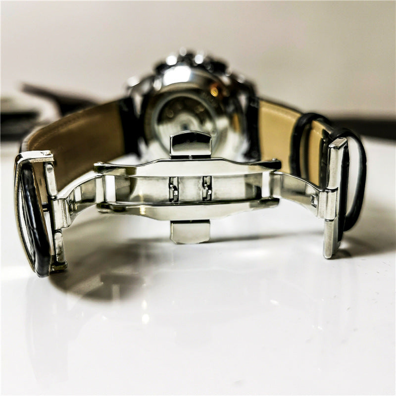 Men's automatic mechanical watch back view with metal bracelet and clasp