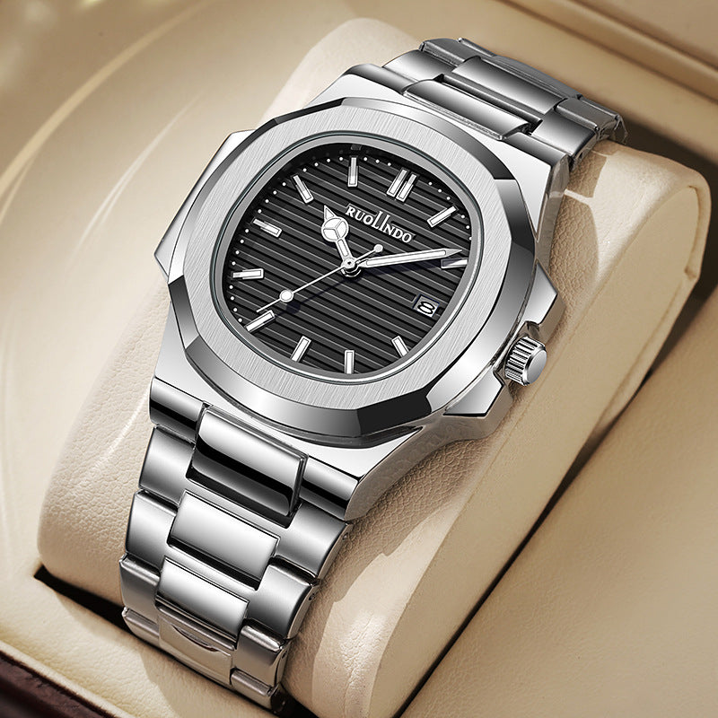 Men's stainless steel quartz wrist watch with black dial and silver metal bracelet