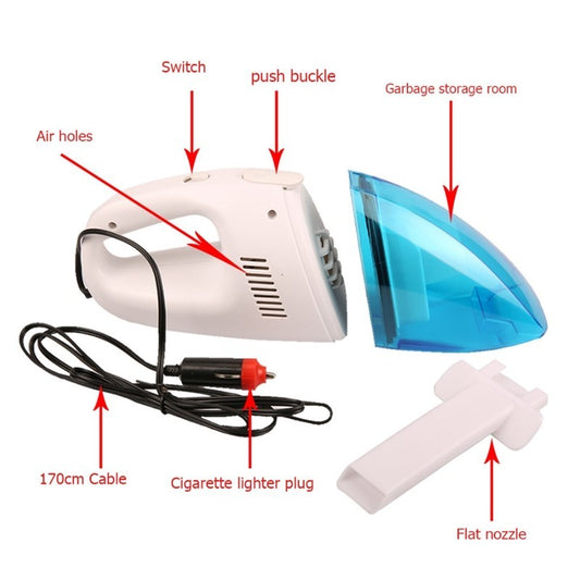 Handheld vacuum cleaner with labeled parts on a white background