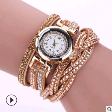 Ladies quartz watch bracelet with rose gold leather strap and rhinestone trim