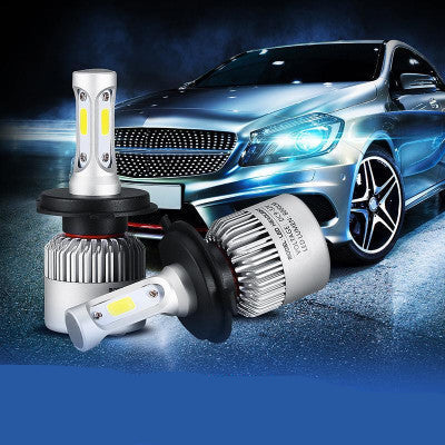 Car LED headlight bulbs with a car in the background on a dark blue gradient background