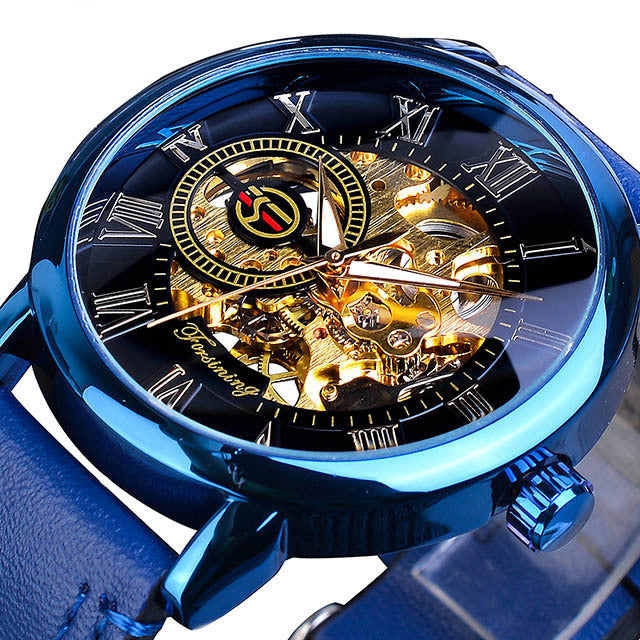 Blue wristwatch with a transparent face showing mechanical components on a white background