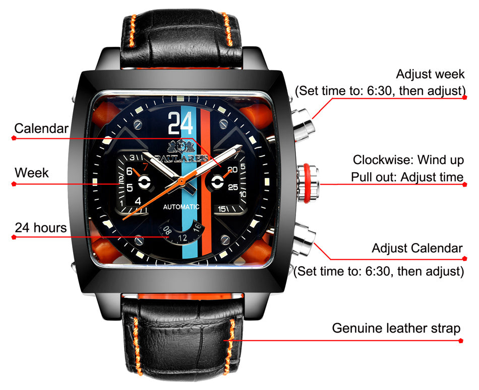 Wristwatch with black leather strap and detailed features labeled on a white background