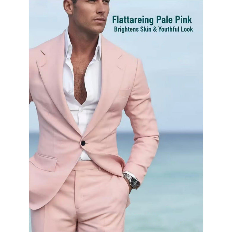 Men's pale pink single-breasted suit jacket and trousers, two-piece set