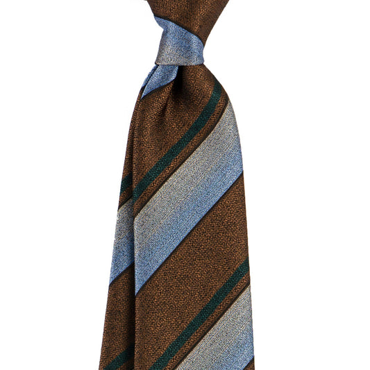 Striped tie with brown, blue, and gray pattern on a white background