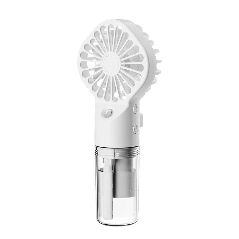 Portable 4-speed handheld fan in white with clear base cup and front circular grill