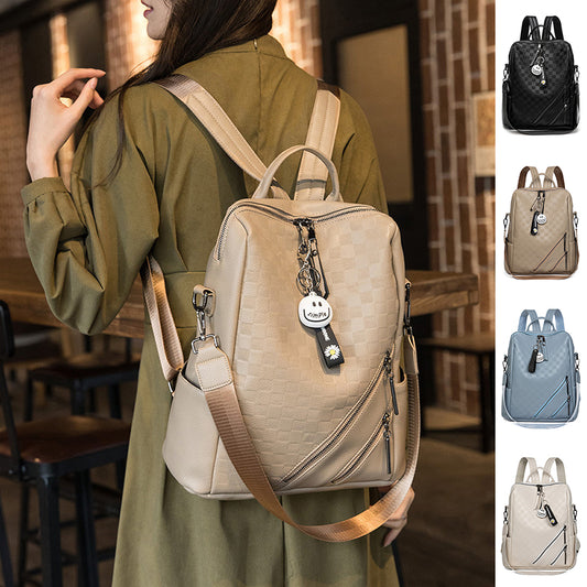 Woman wearing a beige backpack with additional images of different backpacks on the right.
