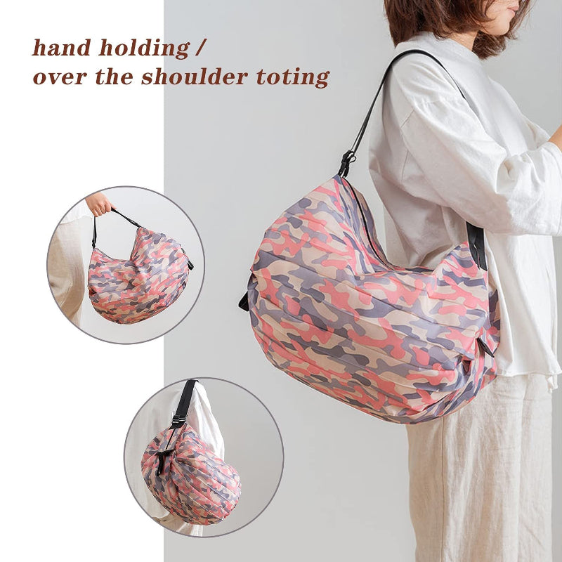 Person holding a pink and purple camouflage bag, with close-up insets showing different carrying methods.
