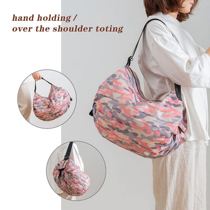Person holding a pink and purple camouflage bag, with close-up insets showing different carrying methods.