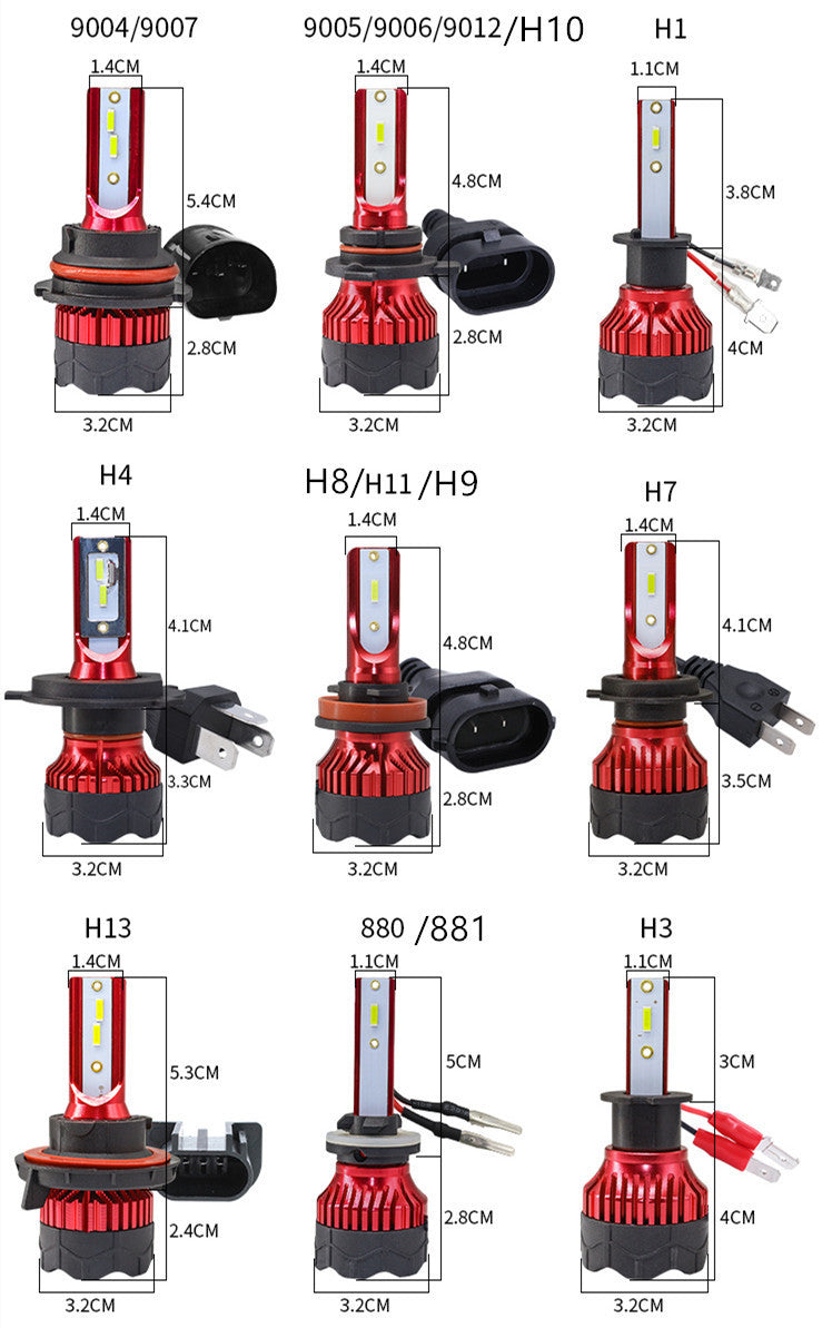 Various car headlight bulbs with dimensions labeled on a white background