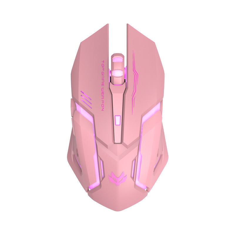 Pink wireless gaming mouse with glowing pink LED side strips and central button