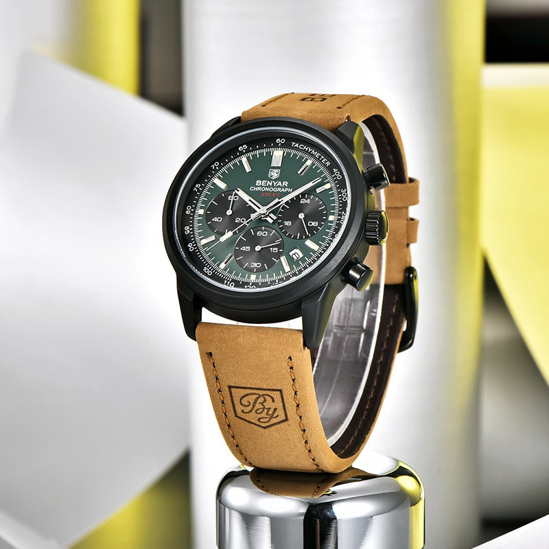 Green-dial BENYAR quartz watch with black case and tan strap on a display stand
