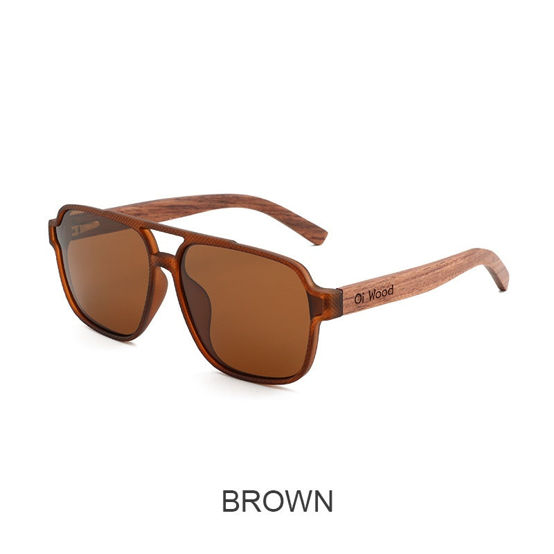 Brown polarized sunglasses with amber-brown lenses and light wood temple arms