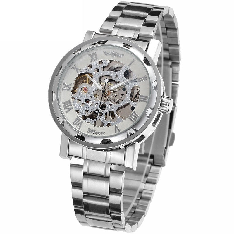 Stainless steel mechanical skeleton watch with Roman numeral bezel and silver dial