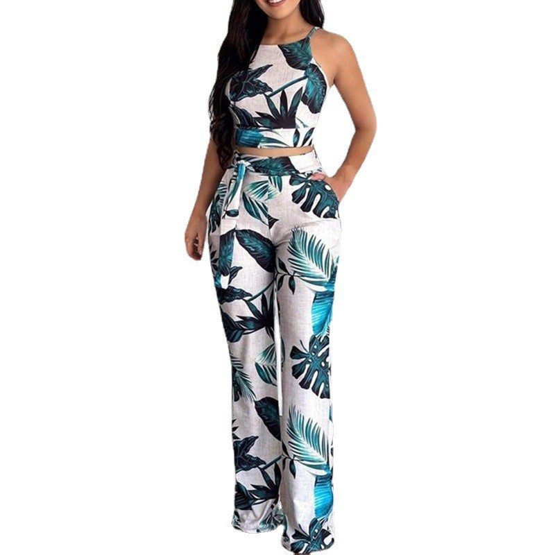 Two-piece Cropped Printed Vest High-waisted Wide-leg Pants