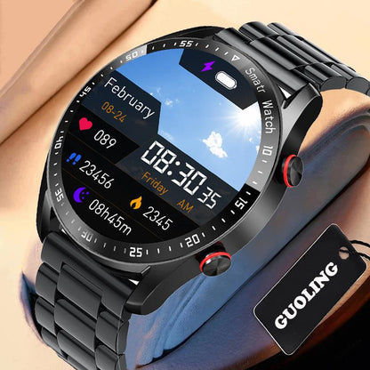 Smartwatch with a black metal band on a beige background, featuring the brand 'GUOLING'.
