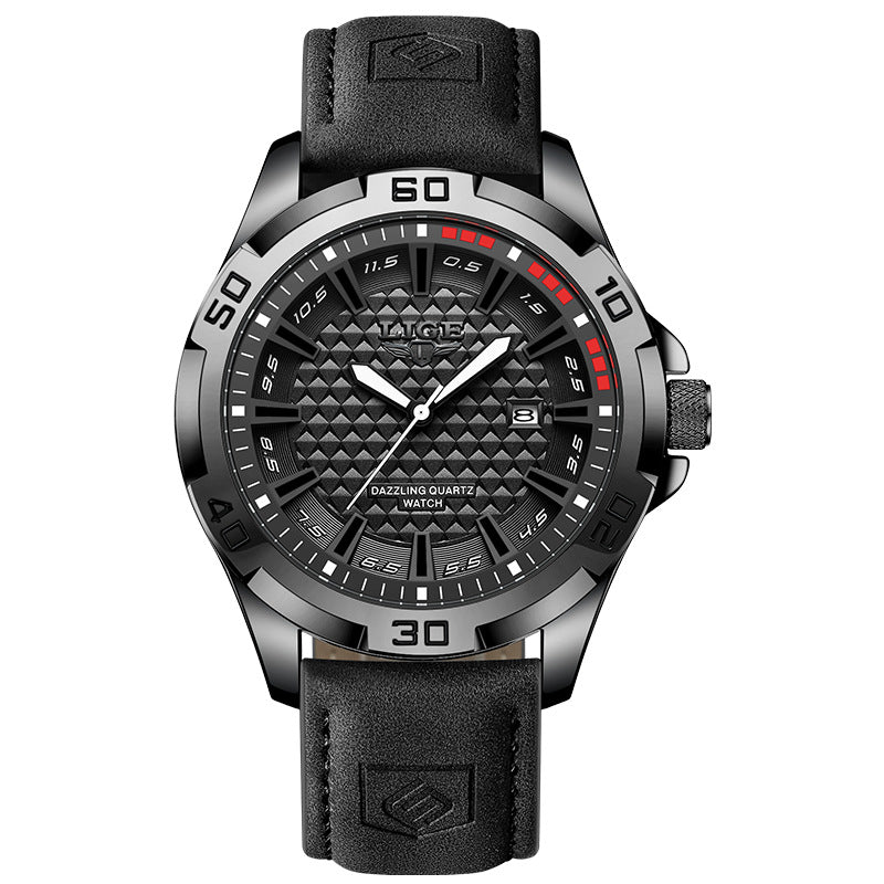 Men's quartz wristwatch with black textured dial, red markers, and black leather strap
