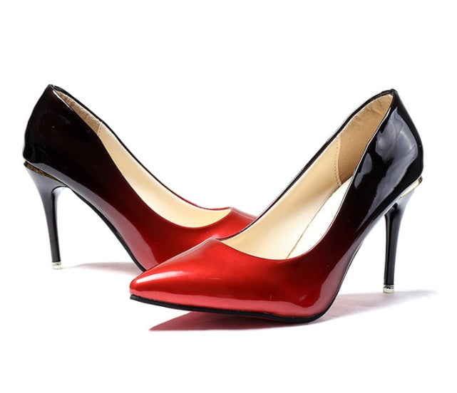 Women's high-heel shoes, red pointed toe with black heel and slim stiletto