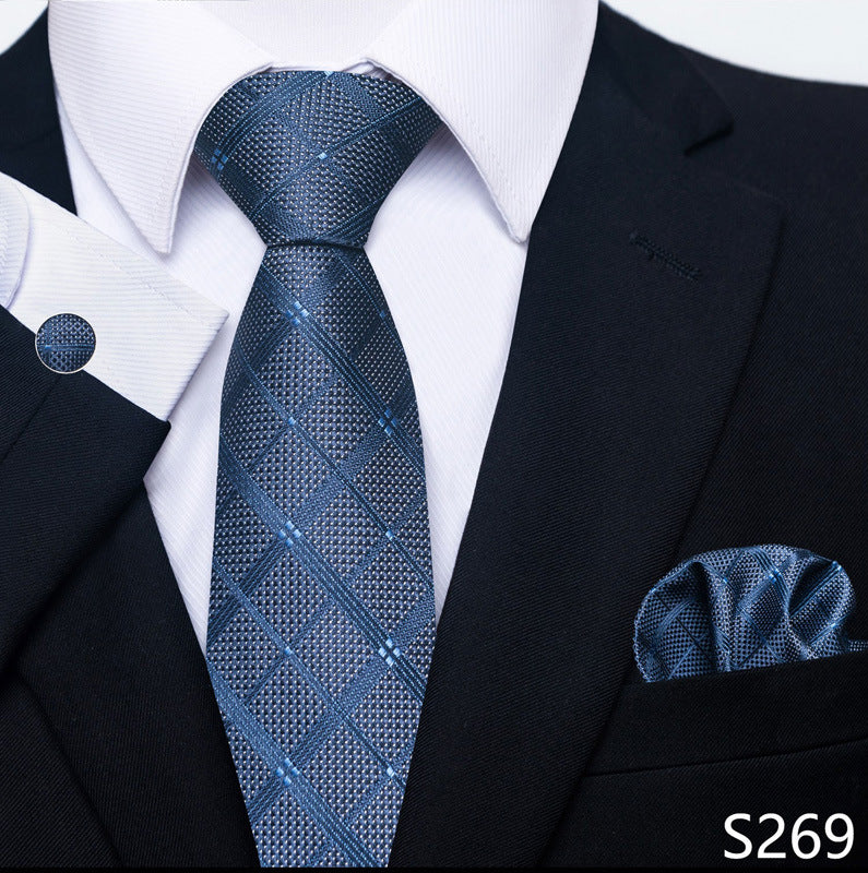 Men's formal tie, pocket square, and cufflink set with blue textured diamond tie
