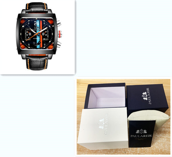 Black watch with orange accents on a white background, next to an open Paulareis watch box.